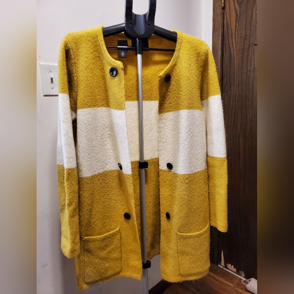 Anthropologie La Fee Verte Yellow and White Striped Cardigan Size L